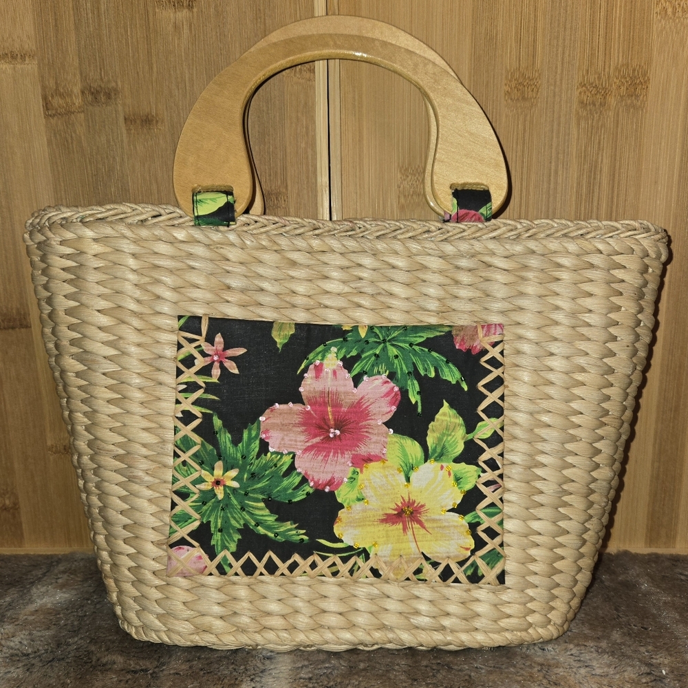 Vtg 1990s Cornhusk Basket Wicker Purse Boho Tropical Print Casual Tote - Picture 1 of 6